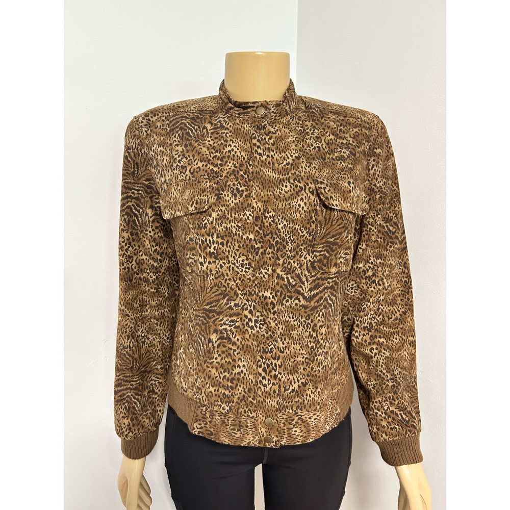 Y2K Norton McNaughton Petites Leopard Print Bomber Jacket Brown Animal Zip Up 8P
